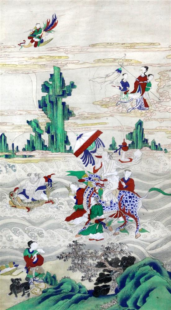 A Chinese silk painting of immortals, early 20th century, 77 x 38cm